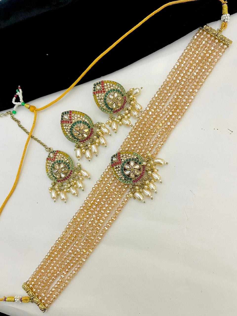 Beautiful Premium Quality Reverse Ad Stone Work Chokker With Big Size Studs With Tika….