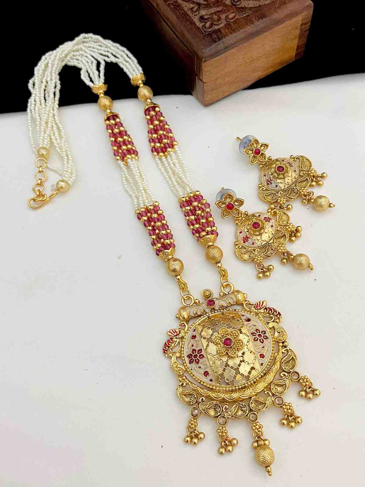 Beautiful Premium Quality Gold Plated Matt Polish Long Necklace With Beautiful Earrings ….