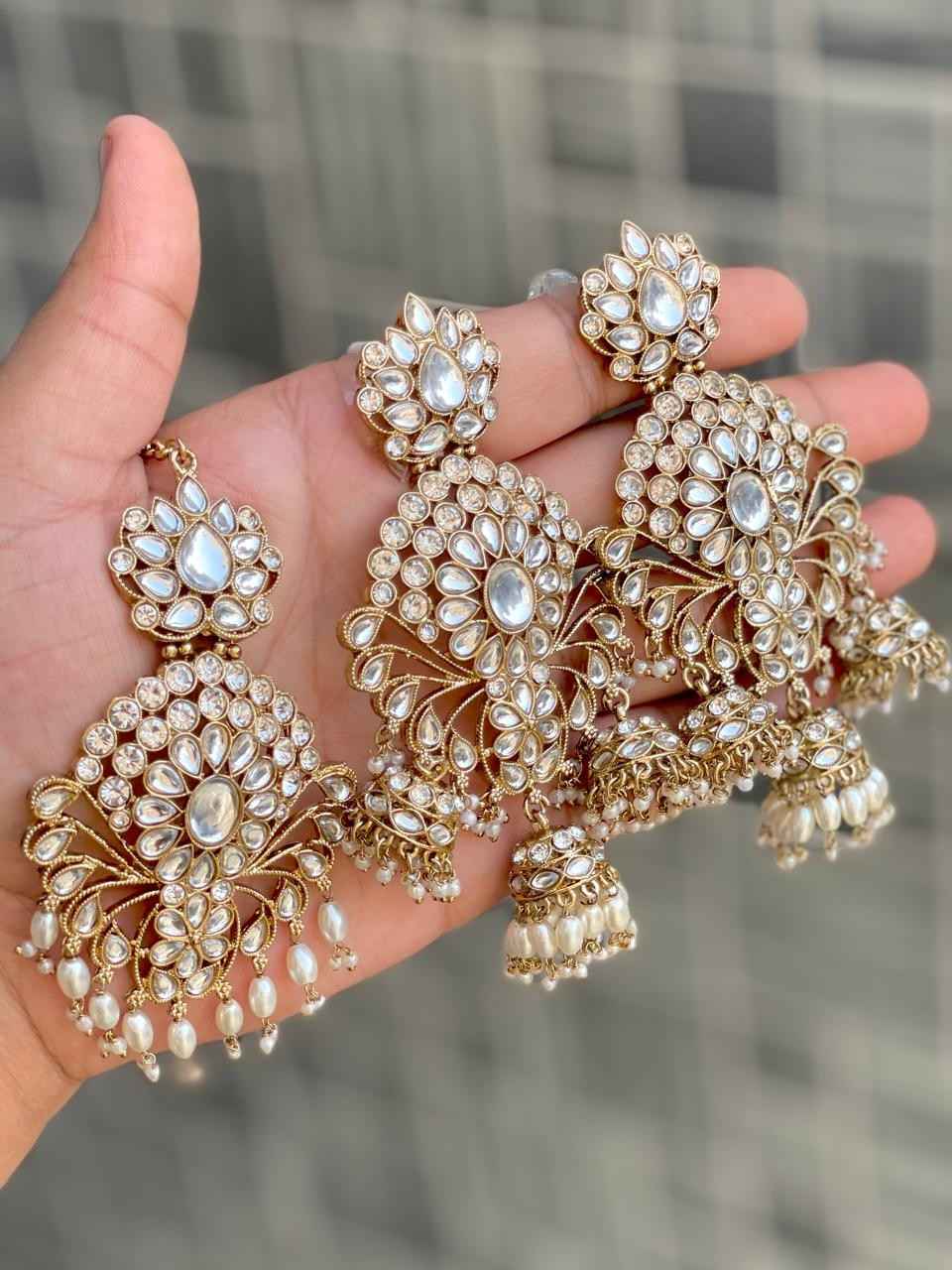 Beautiful Premium Quality Reverse Ad Stone Work  Statement Earrings And Tika....