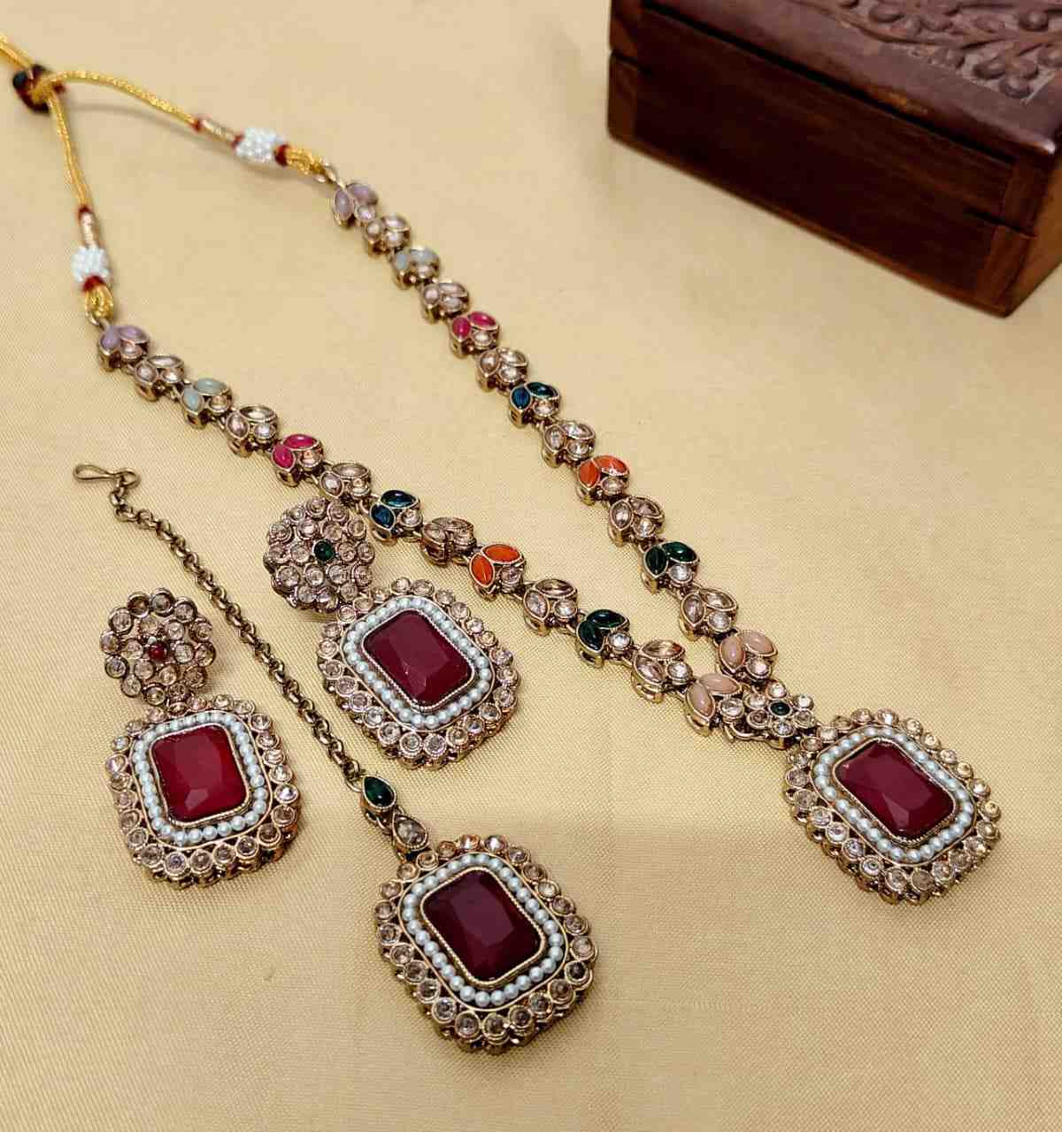 Beautiful Premium Quality Reverse AD Stone Work Necklace With Earrings And Tika...