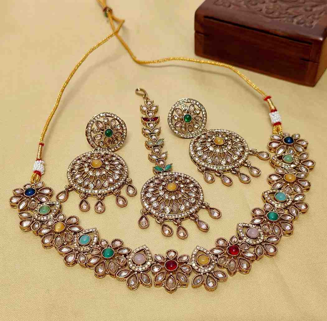 Beautiful Premium Quality Reverse AD Stone Work Chokker With Earrings And Tika...