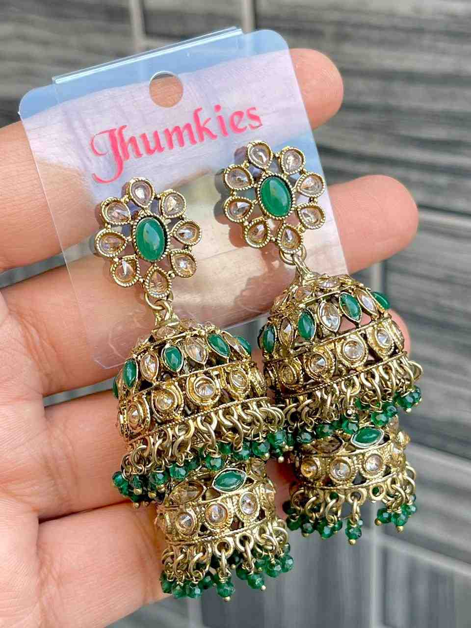 Beautiful Premium Quality Reverse Ad Stone Work Double Layer Jhumka….