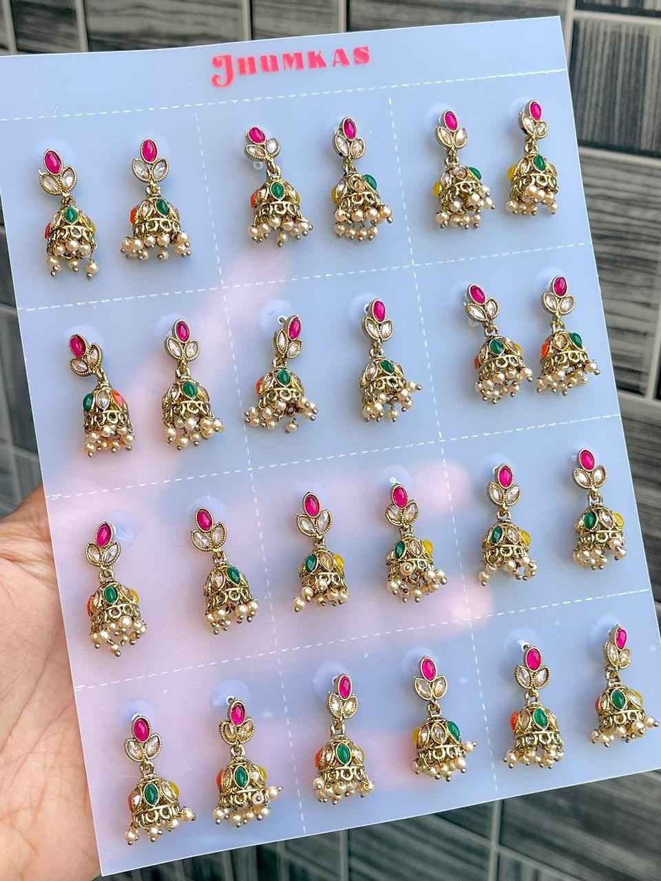 Beautiful Premium Quality Reverse Ad Stone Work 12 Pairs Of Small Jhumki Packing…