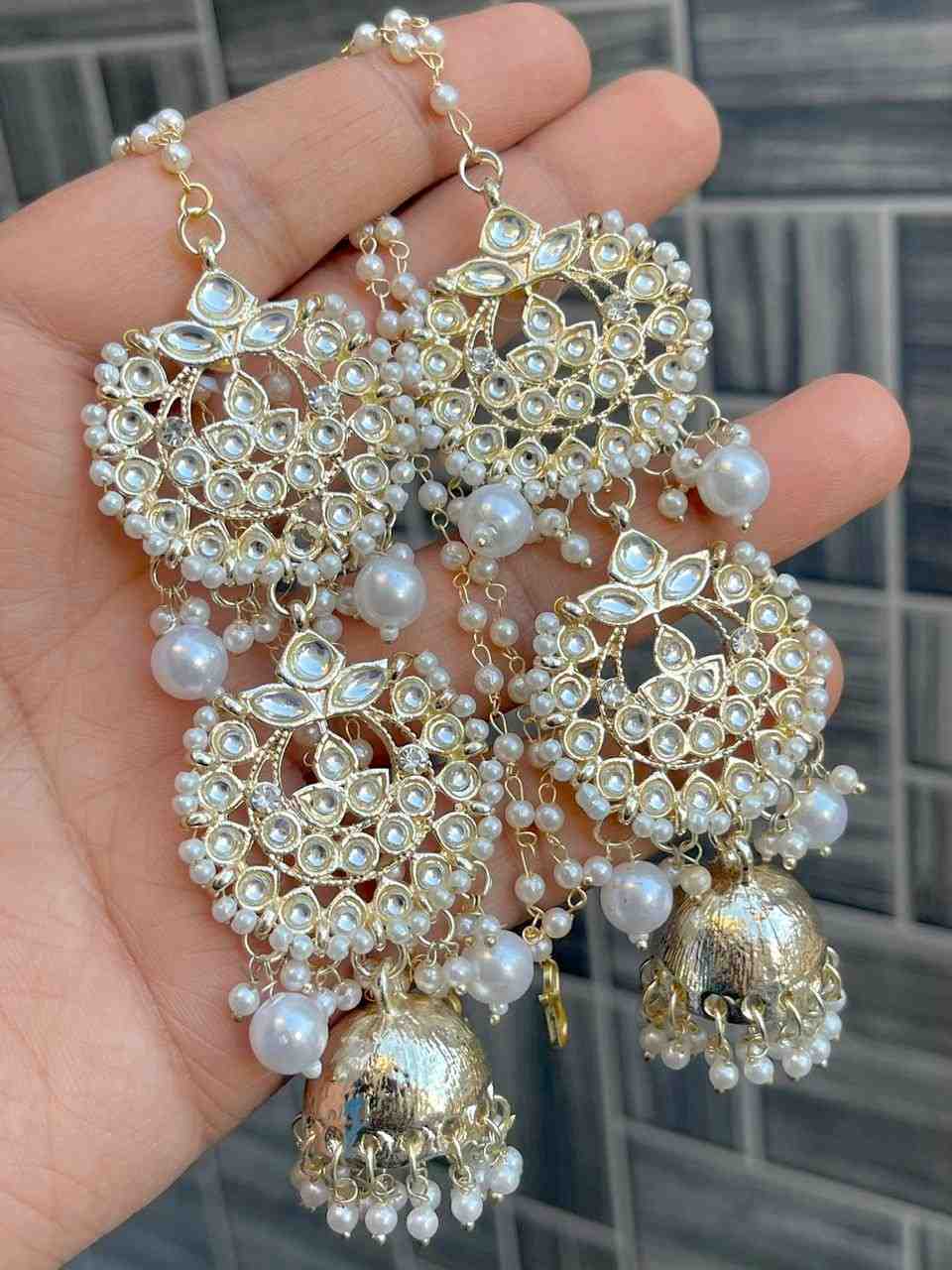 Beautiful Premium Quality  Kundan Pearl Kan Chain Jhumka….