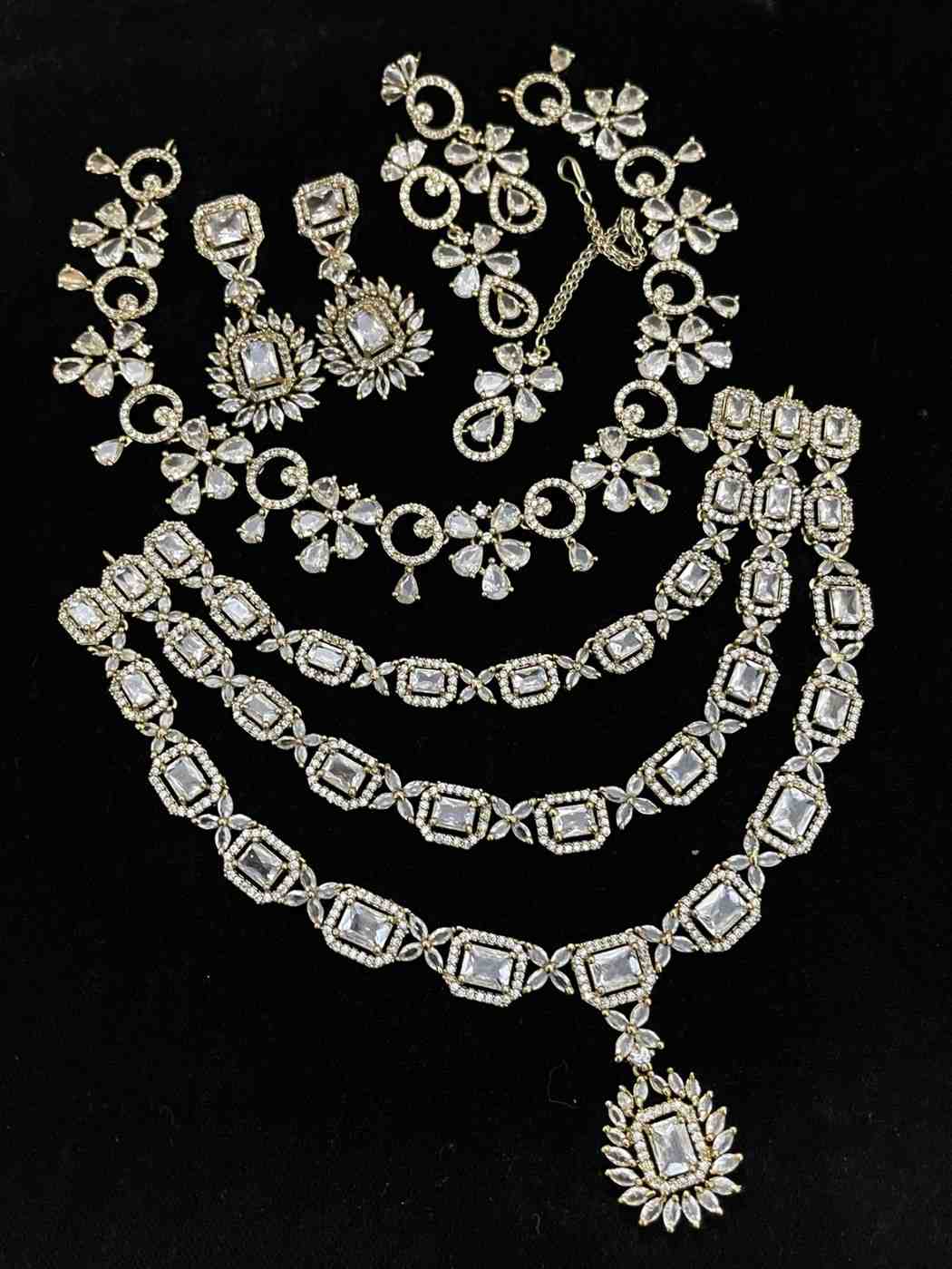 Beautiful Premium Quality  American Diamond ? 3 Layer  2 Pc Necklace With 2 Sets Of Earrings And Tik