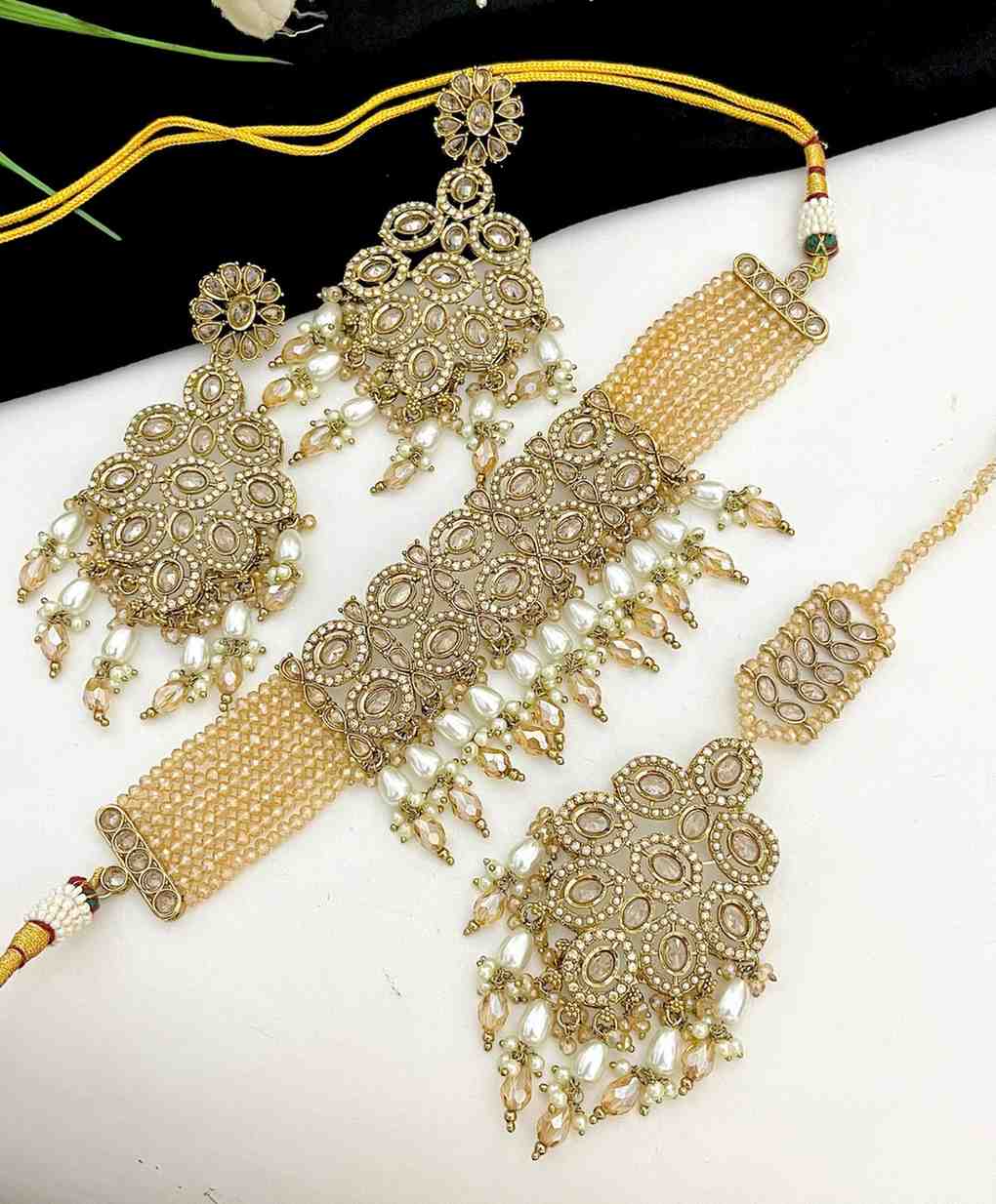 Beautiful Premium Quality Reverse Ad Stone Work Chokker With Earring And Tika…. Original Onex Beads 
