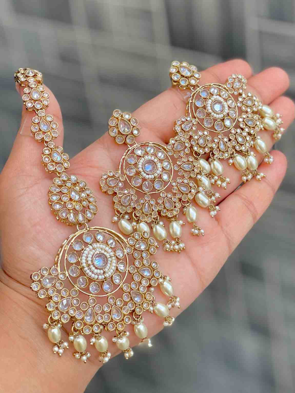 Beautiful Premium Quality Reverse Ad Stone Work Earrings And Tika…. Original Brass Pieces…