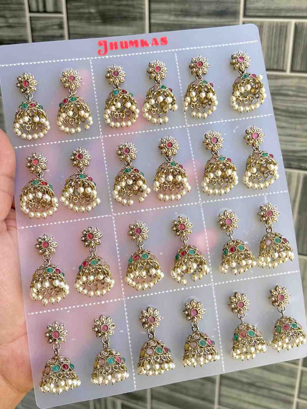Beautiful Premium Quality  Reverse Ad Stone Work Polky Jhumkies Card Of 12 Pairs