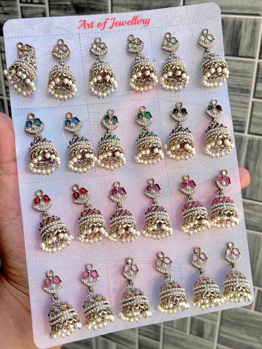 Beautiful Premium Quality  Reverse Ad Stone Work Polky Jhumkies Card Of 12 Pairs
