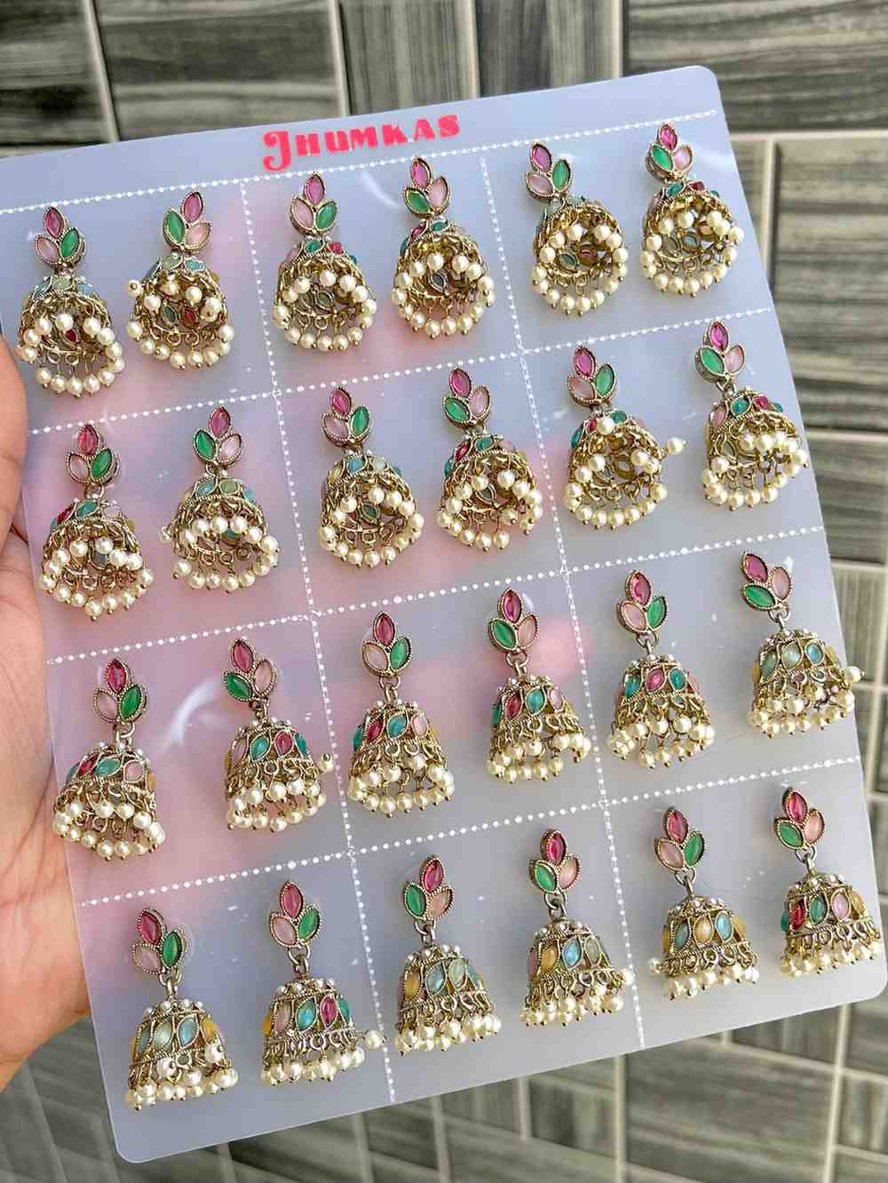 Beautiful Premium Quality  Reverse Ad Stone Work Polky Jhumkies Card Of 12 Pairs