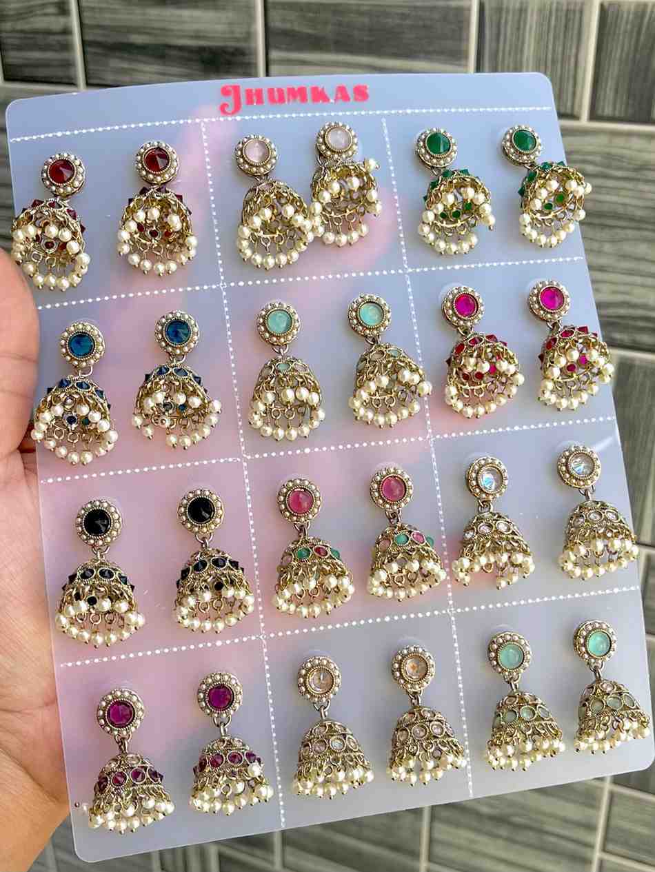 Beautiful Premium Quality  Reverse Ad Stone Work Polky Jhumkies Card Of 12 Pairs