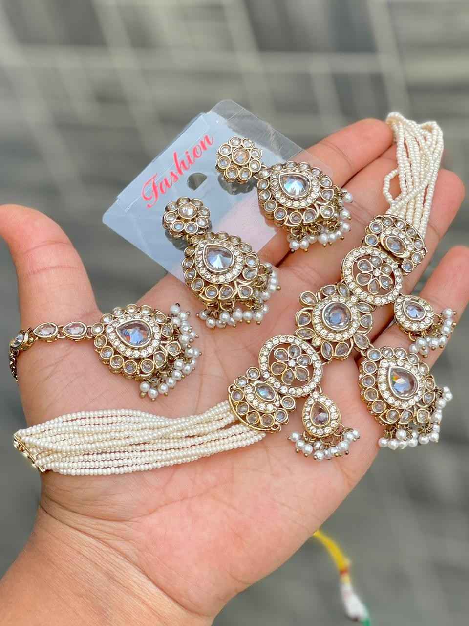 Beautiful Premium Quality Reverse Ad Stone Work V Shape Necklace With Beautiful Earrings And tika...