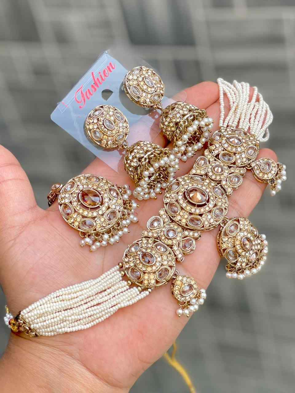 Beautiful Premium Quality Reverse Ad Stone Work V Shape Necklace With Beautiful Earrings And tika...