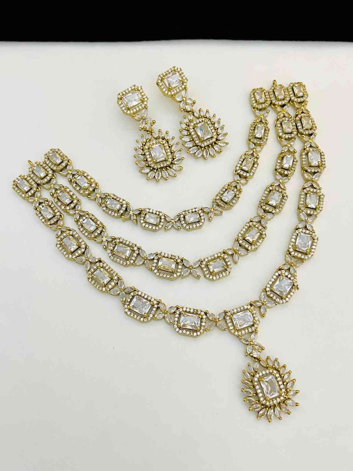 Beautiful Premium Quality American Diamond Triple Layer Necklace With Beautiful  Earrings....