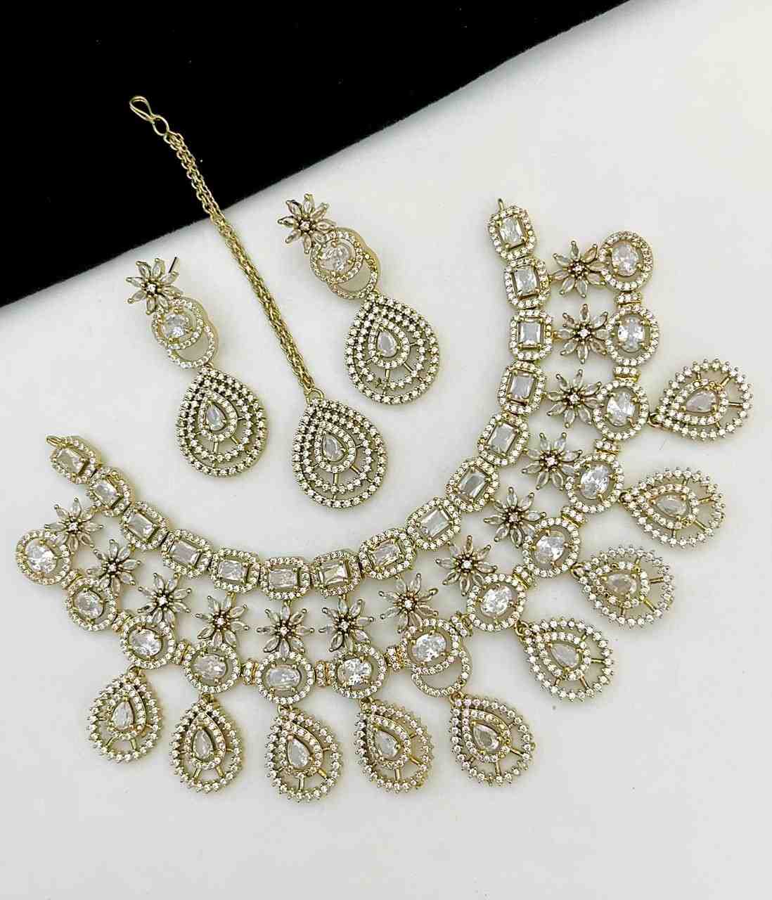 Beautiful Premium Quality American Diamond Necklace With Beautiful  Earrings And Tika....
