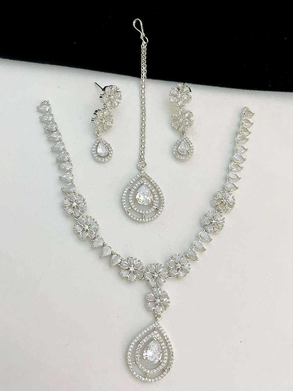 Beautiful Premium Quality American Diamond Necklace With Beautiful  Earrings And Tika....