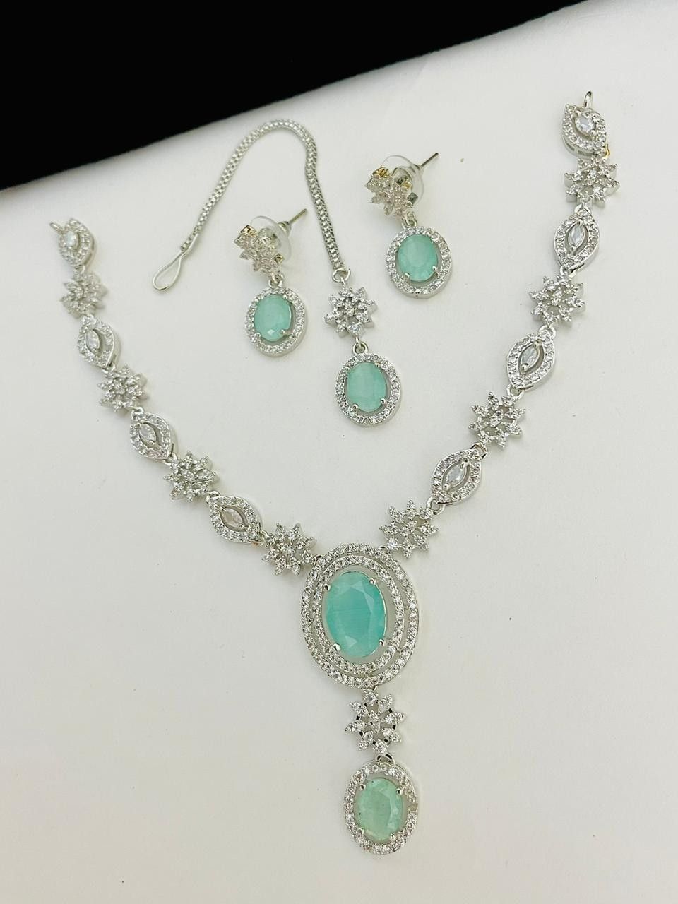 Beautiful Premium Quality American Diamond Necklace With Beautiful  Earrings And Tika....