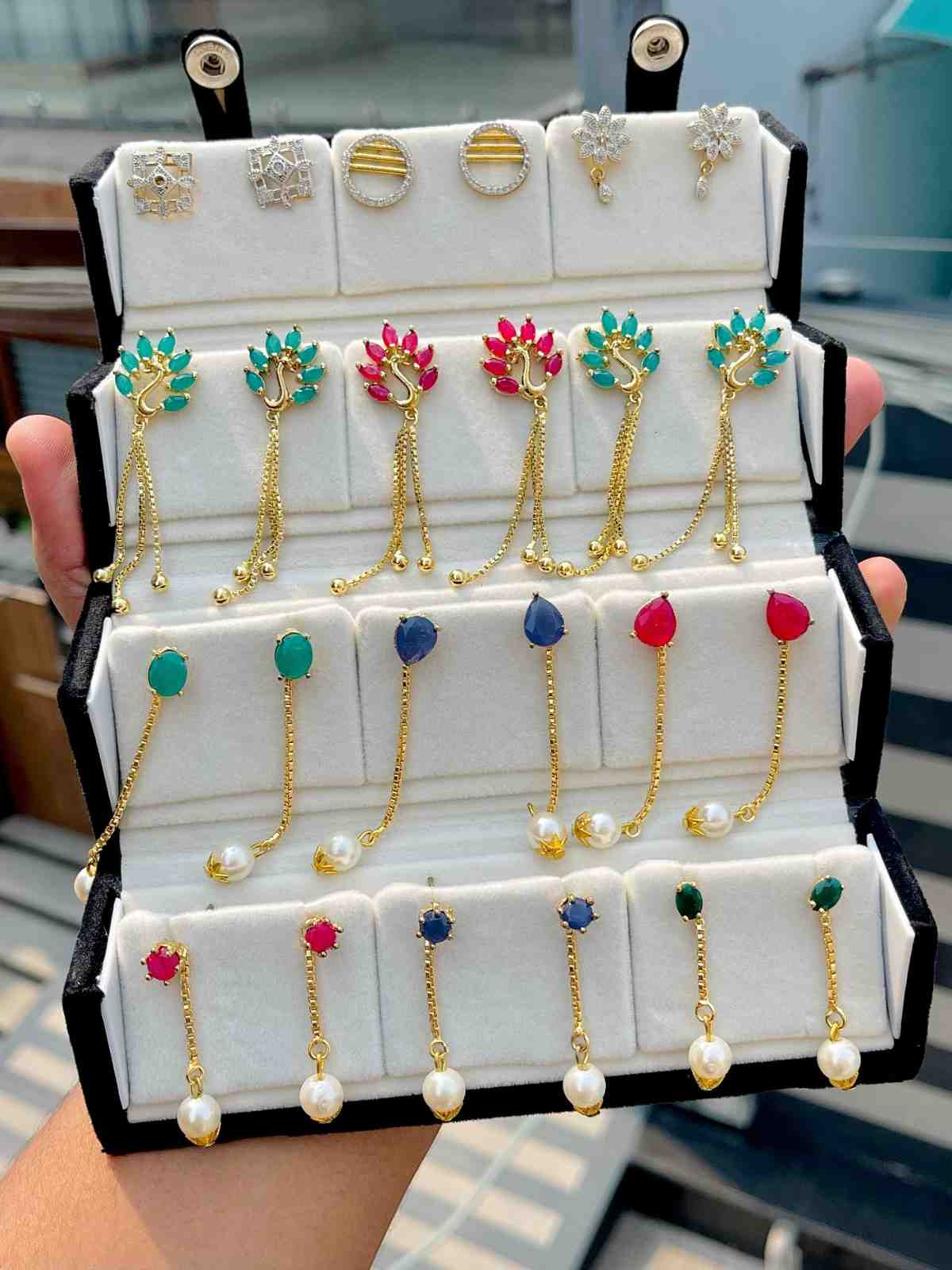 Beautiful Premium Quality American Diamond Earrings Pack Of 12 Pairs...With Velvet Box.