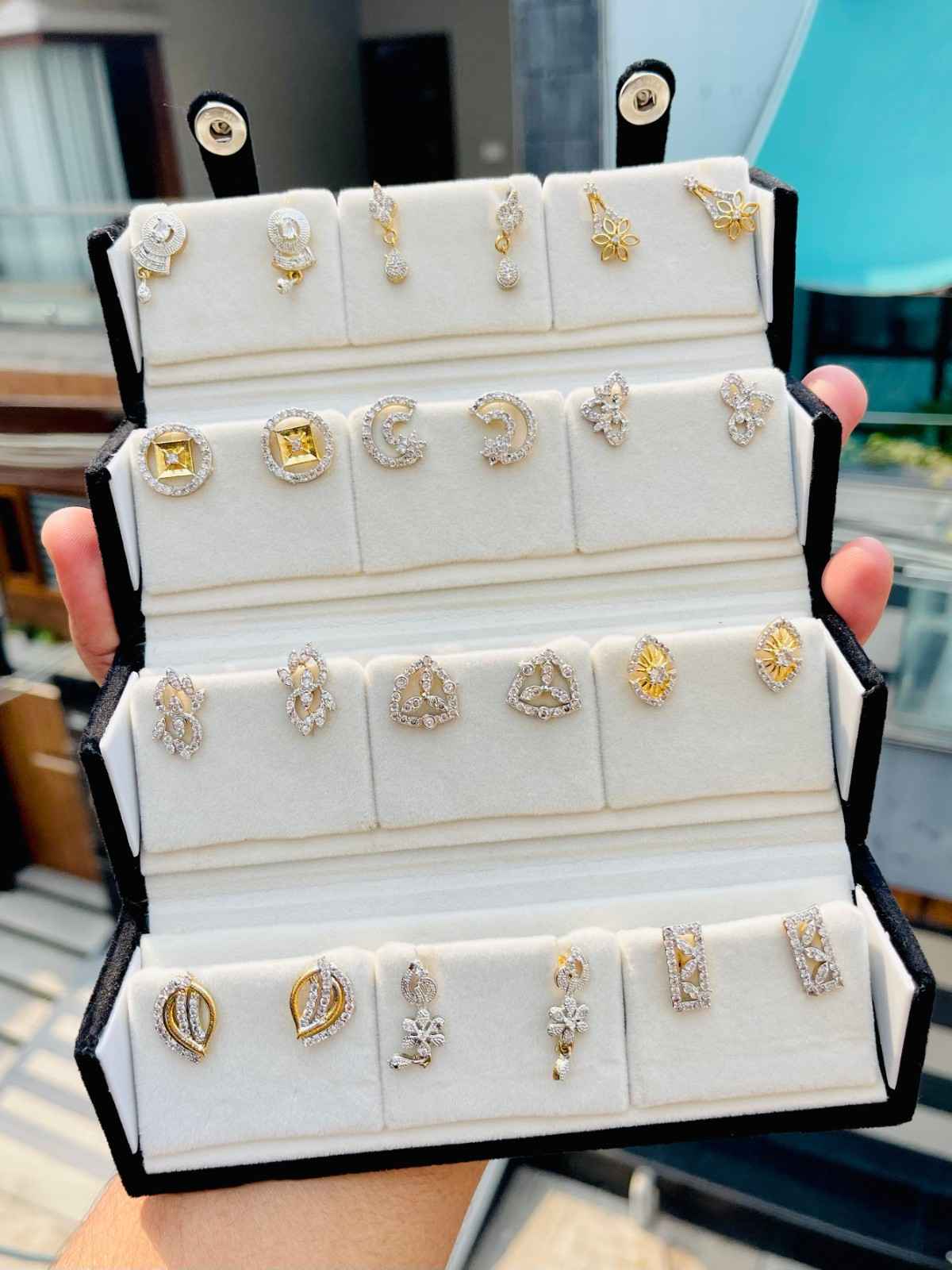Beautiful Premium Quality American Diamond Earrings Pack Of 12 Pairs...With Velvet Box.