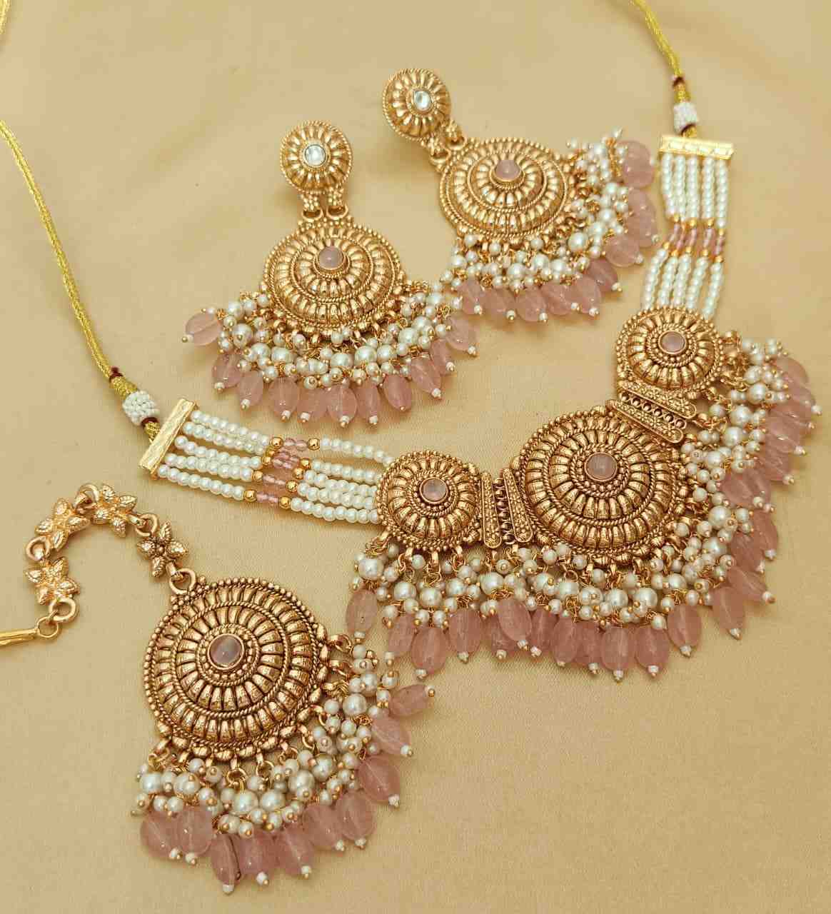 Gold Plated Matt Polish Chokker With Earrings And Tika