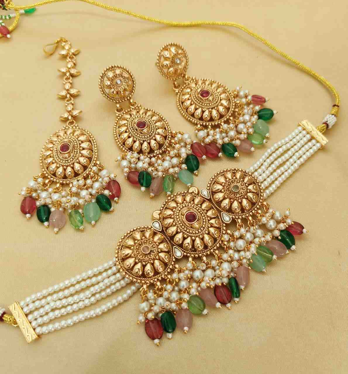 Gold Plated Matt Polish Chokker With Earrings And Tika