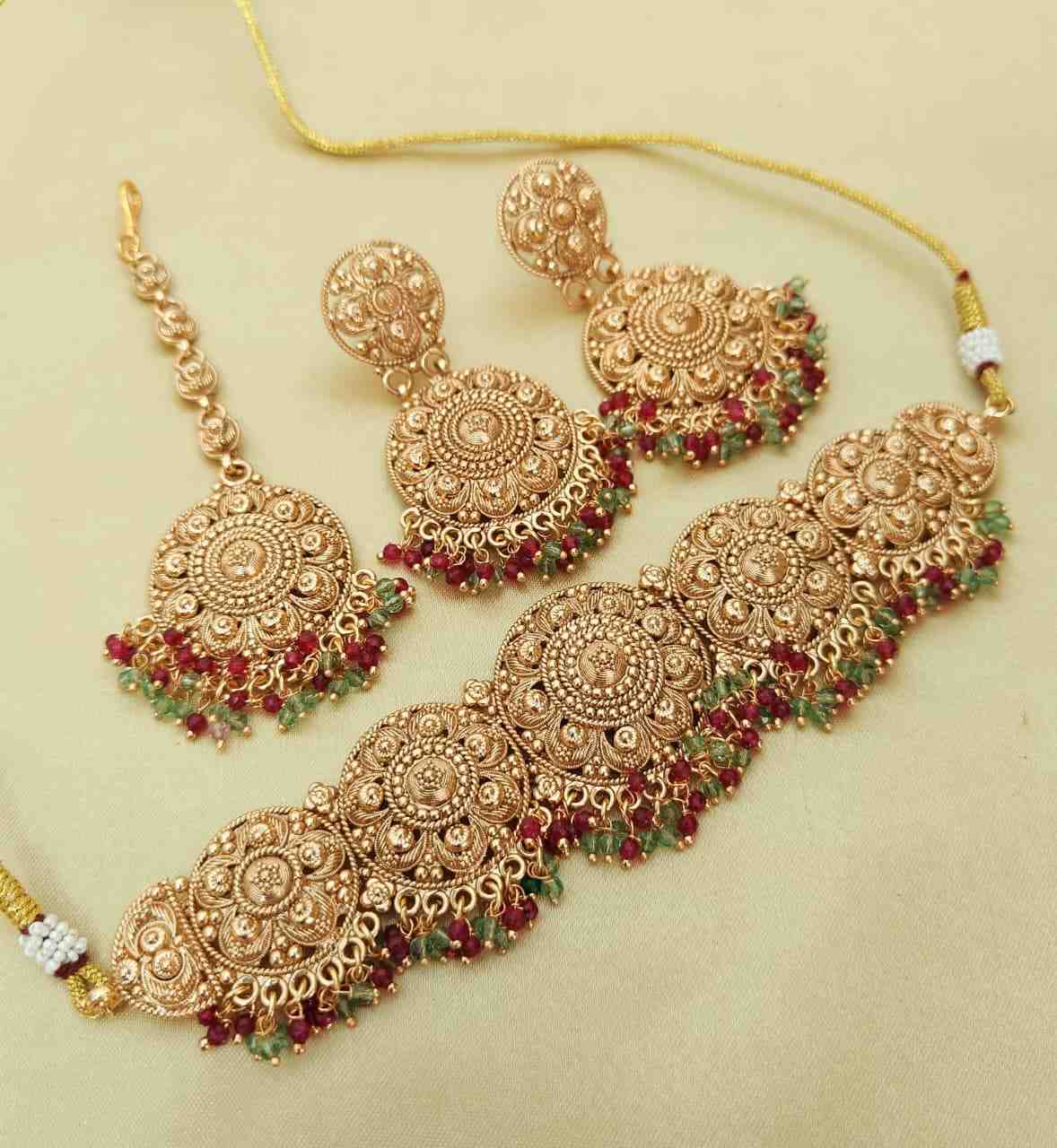 Gold Plated Matt Polish Chokker With Earrings And Tika