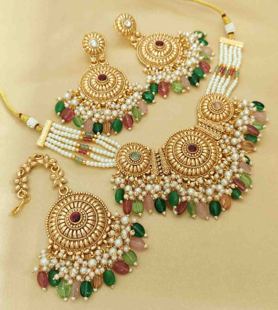 Gold Plated Matt Polish Chokker With Earrings And Tika