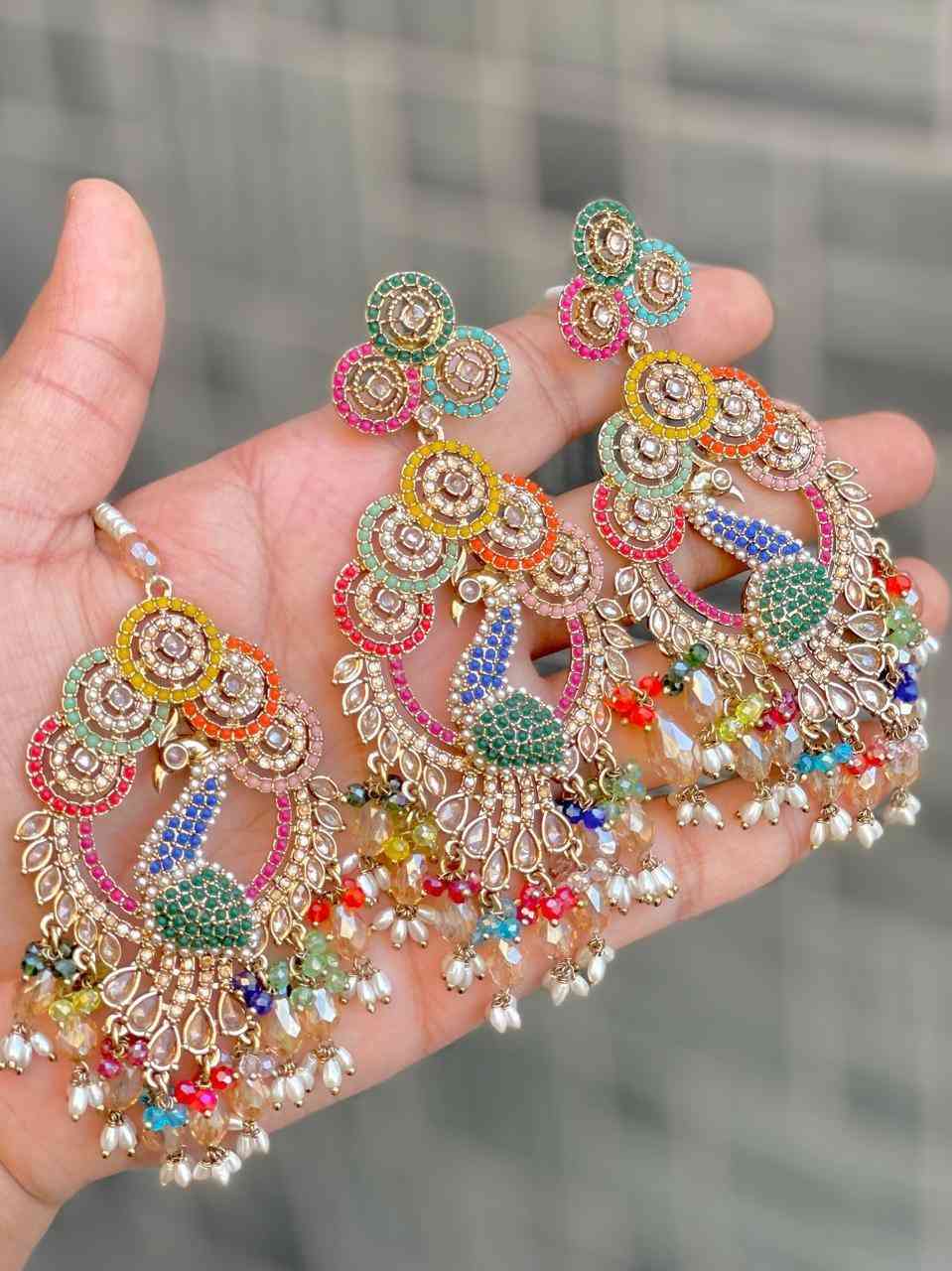 Reverse Ad Stone Work Peacock Pakistani Work Earrings And Tika