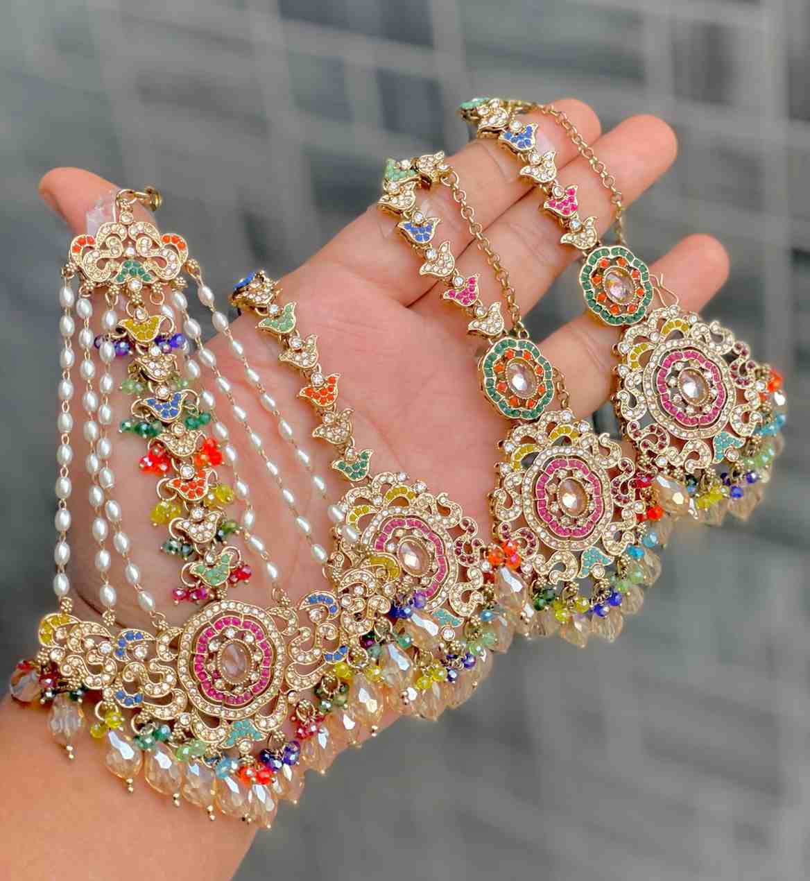 Original Crystal Bead Work Pakistani Chain Earrings With Tika And Beautiful Big Size Side Passa
