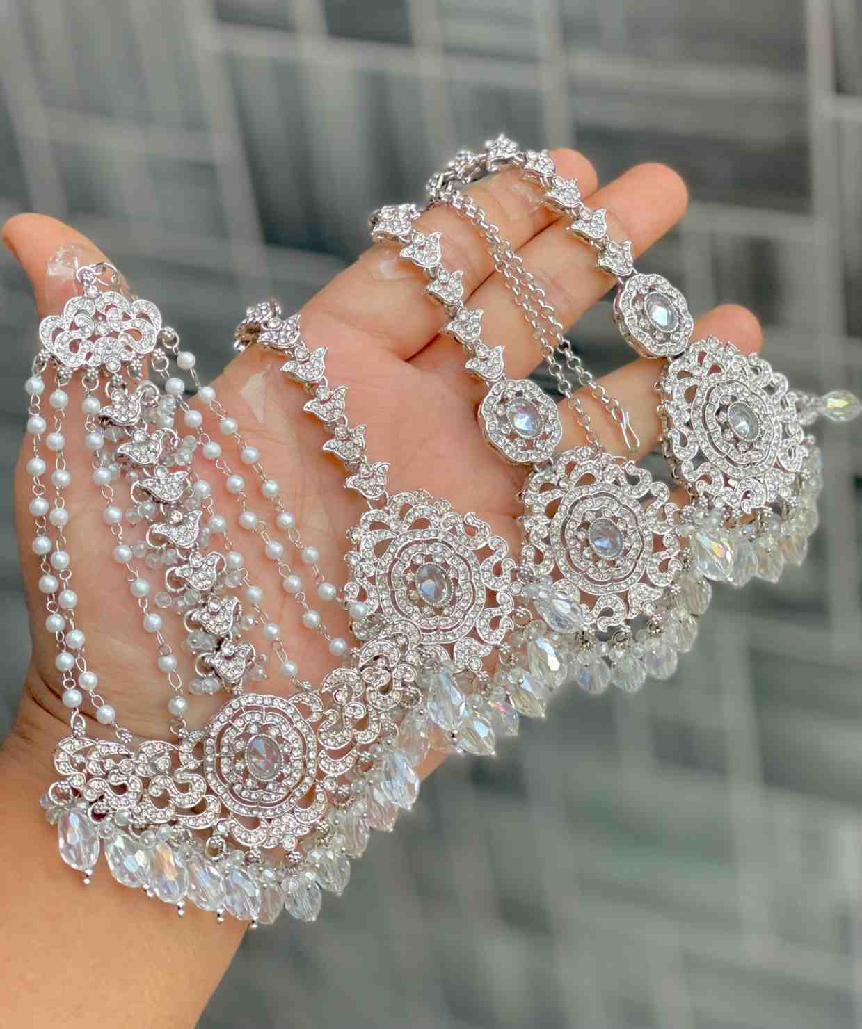 Original Crystal Bead Work Pakistani Chain Earrings With Tika And Beautiful Big Size Side Passa