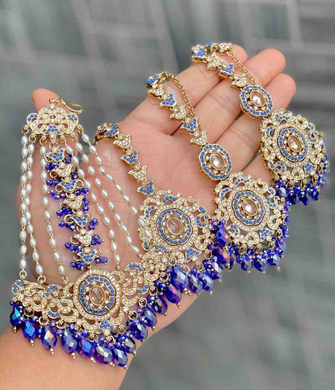 Original Crystal Bead Work Pakistani Chain Earrings With Tika And Beautiful Big Size Side Passa