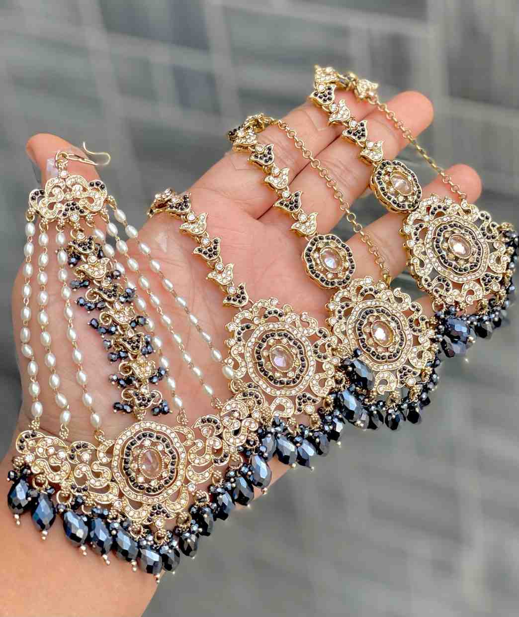 Original Crystal Bead Work Pakistani Chain Earrings With Tika And Beautiful Big Size Side Passa