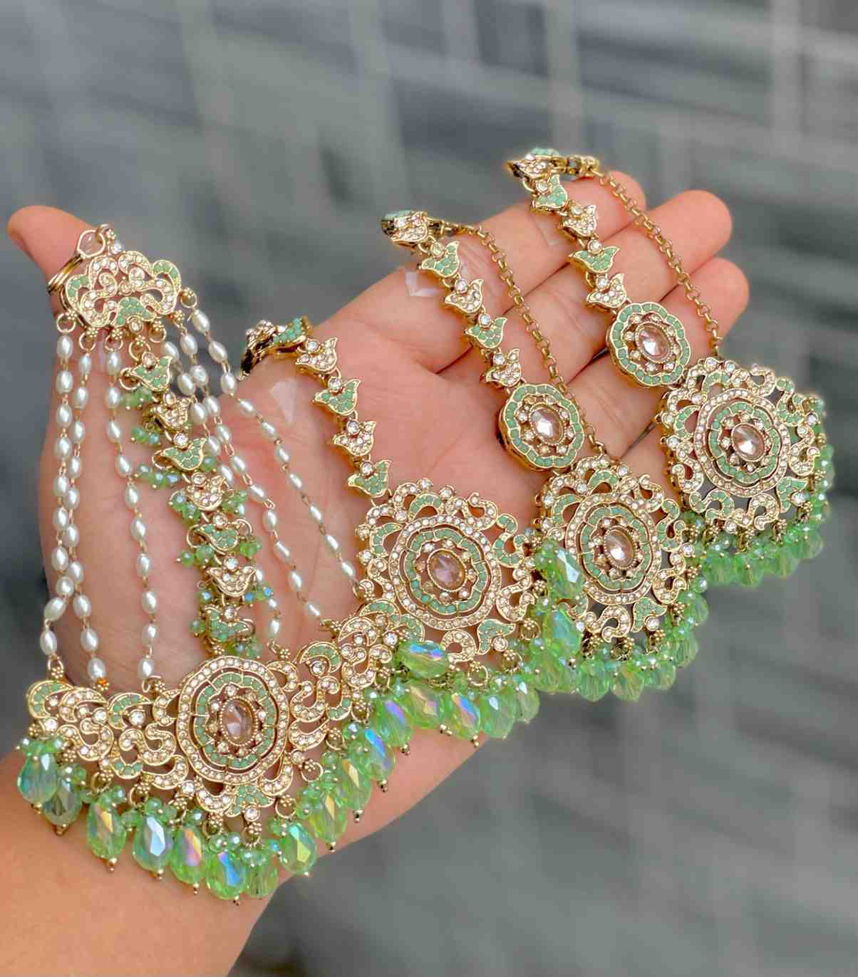 Original Crystal Bead Work Pakistani Chain Earrings With Tika And Beautiful Big Size Side Passa