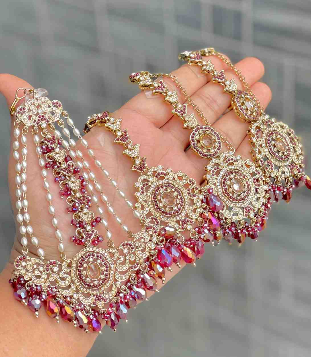 Original Crystal Bead Work Pakistani Chain Earrings With Tika And Beautiful Big Size Side Passa