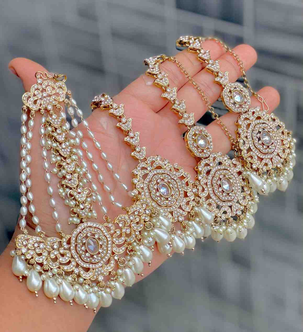 Original Crystal Bead Work Pakistani Chain Earrings With Tika And Beautiful Big Size Side Passa