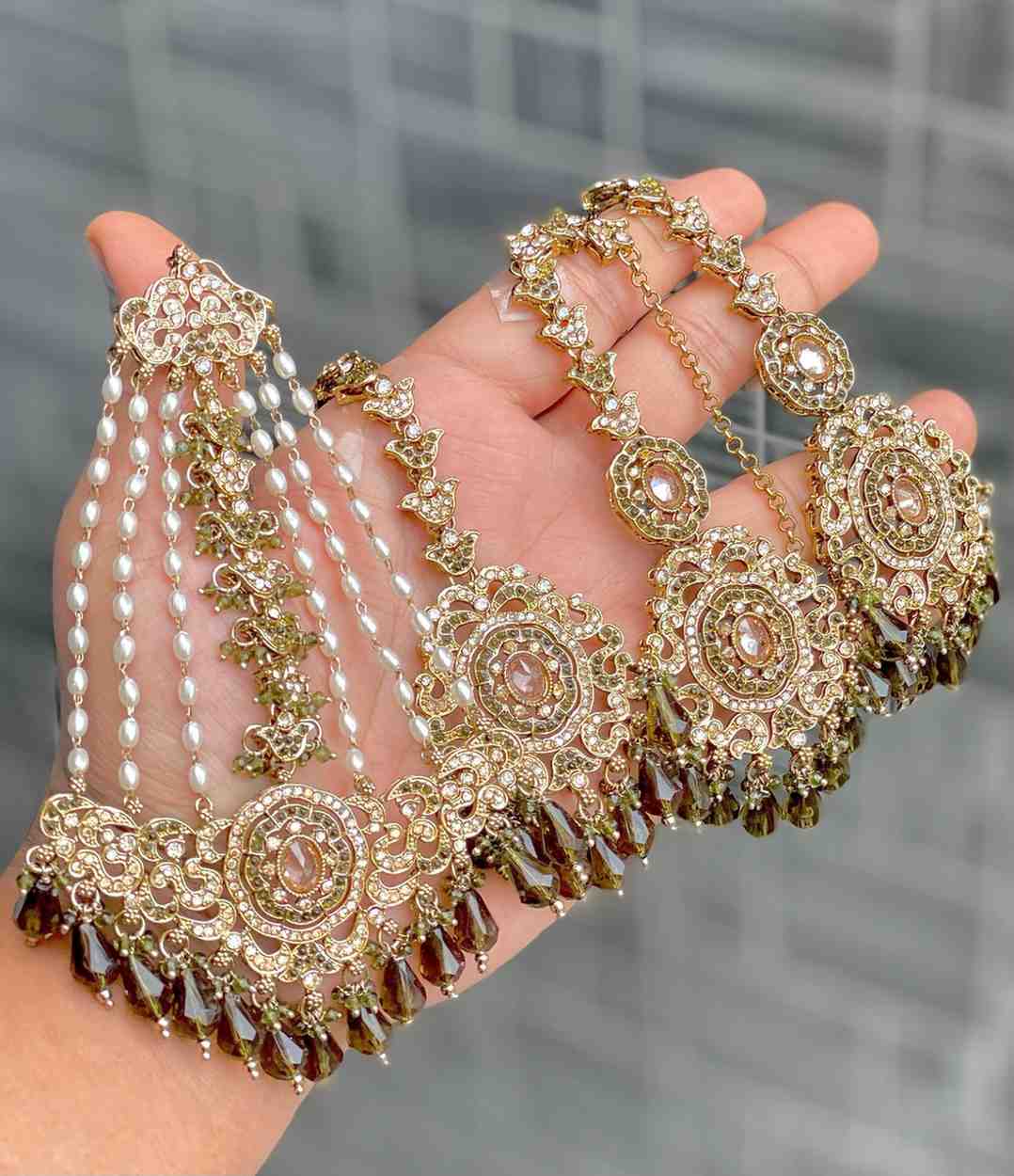 Original Crystal Bead Work Pakistani Chain Earrings With Tika And Beautiful Big Size Side Passa