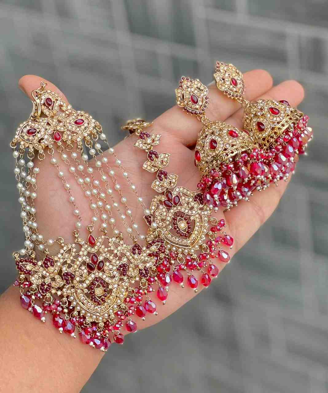 Original Crystal Bead Work Pakistani Jhumka With Tika And Beautiful Big Size Side Passa