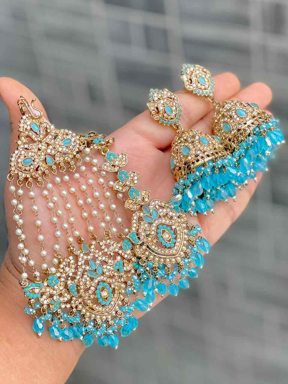 Original Crystal Bead Work Pakistani Jhumka With Tika And Beautiful Big Size Side Passa