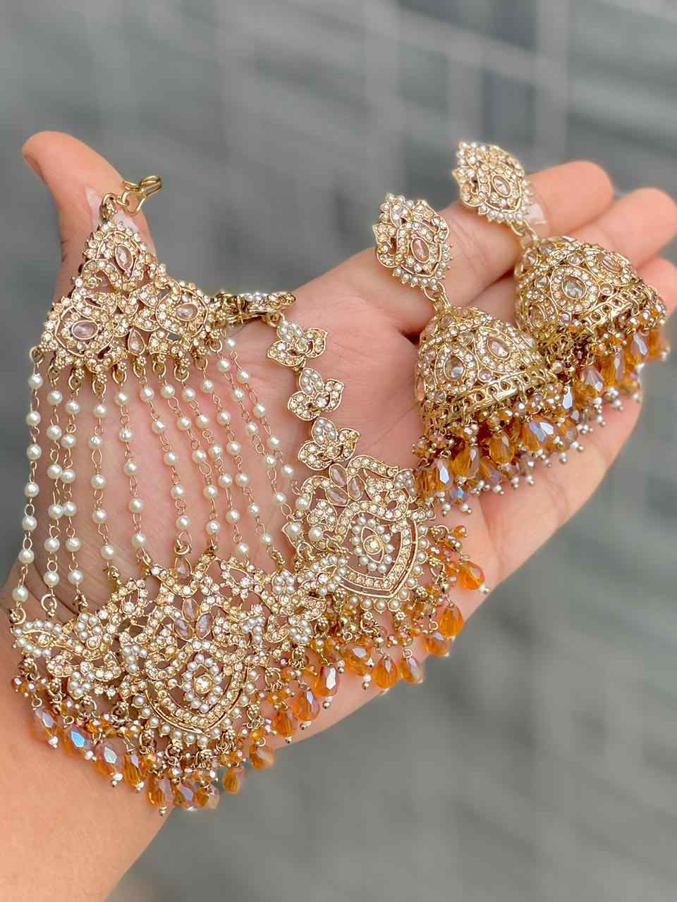 Original Crystal Bead Work Pakistani Jhumka With Tika And Beautiful Big Size Side Passa