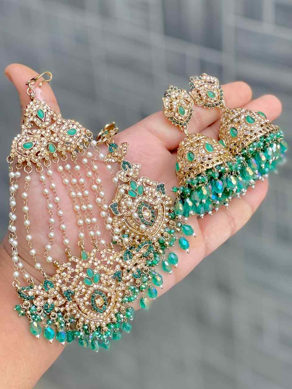 Original Crystal Bead Work Pakistani Jhumka With Tika And Beautiful Big Size Side Passa