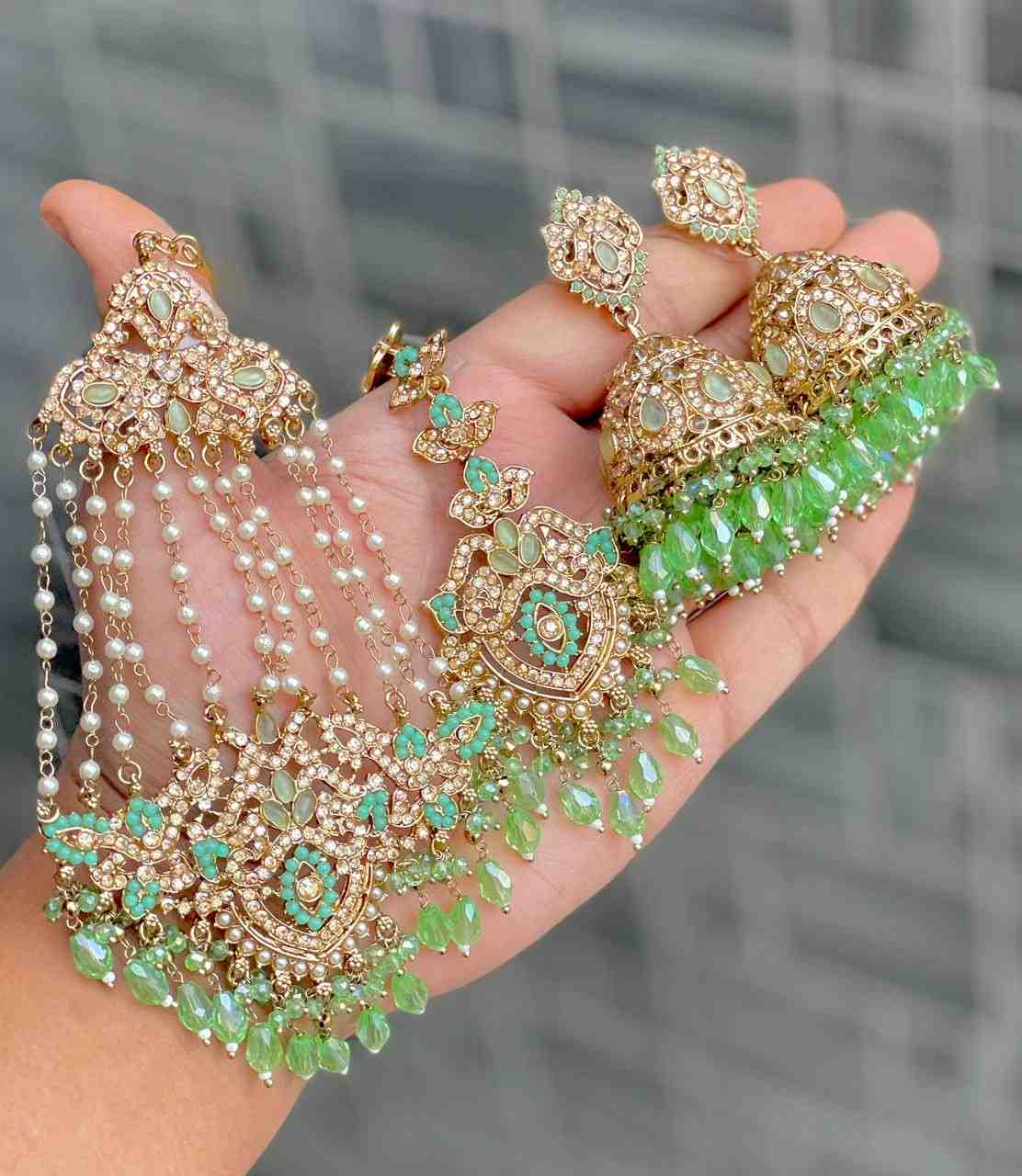 Original Crystal Bead Work Pakistani Jhumka With Tika And Beautiful Big Size Side Passa