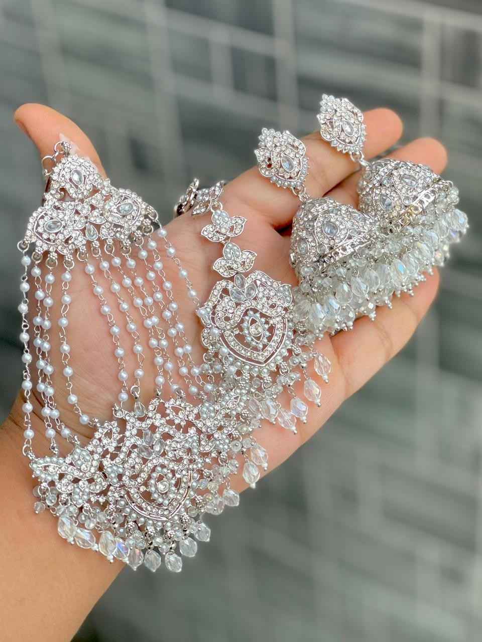 Original Crystal Bead Work Pakistani Jhumka With Tika And Beautiful Big Size Side Passa