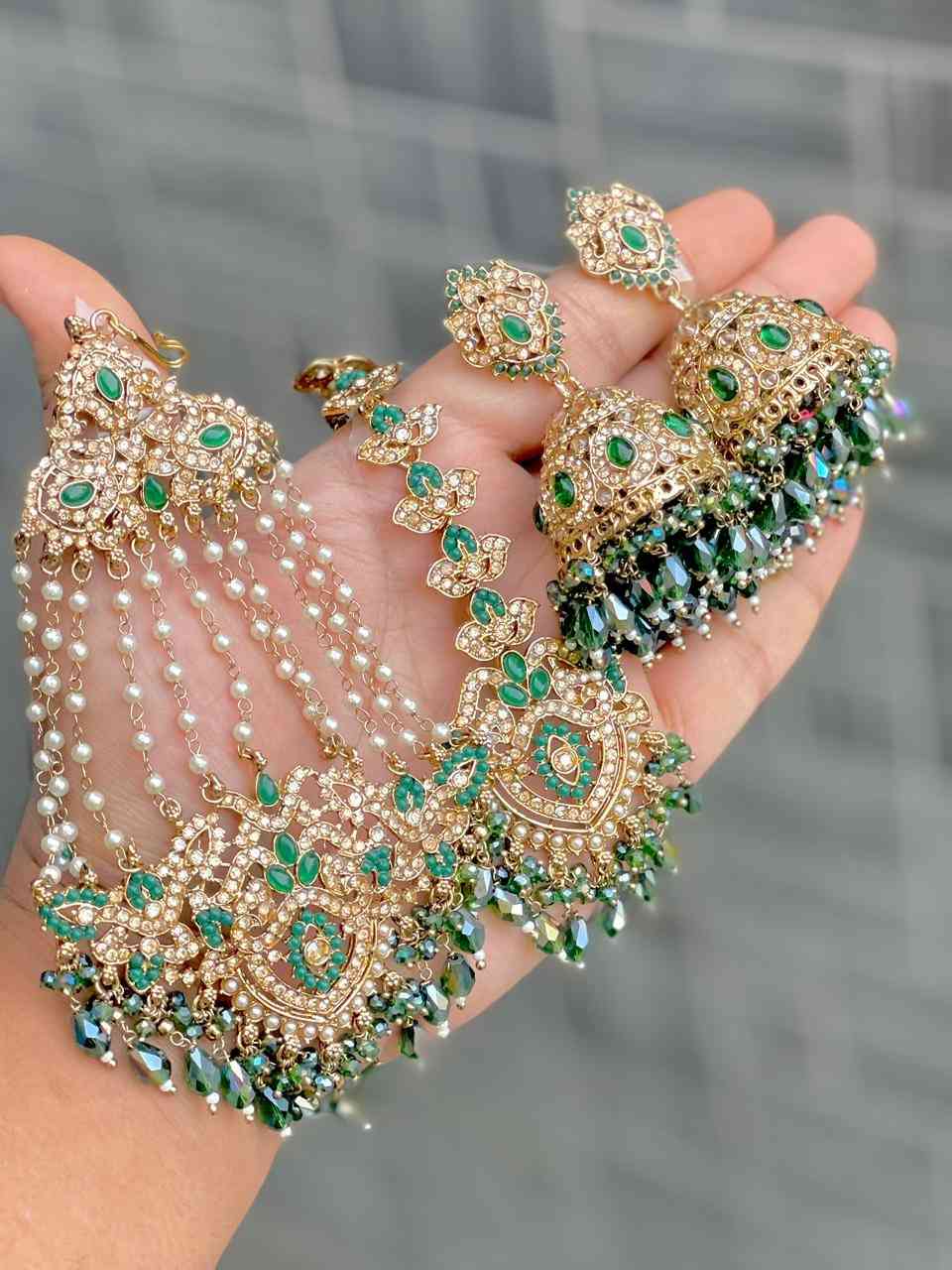 Original Crystal Bead Work Pakistani Jhumka With Tika And Beautiful Big Size Side Passa