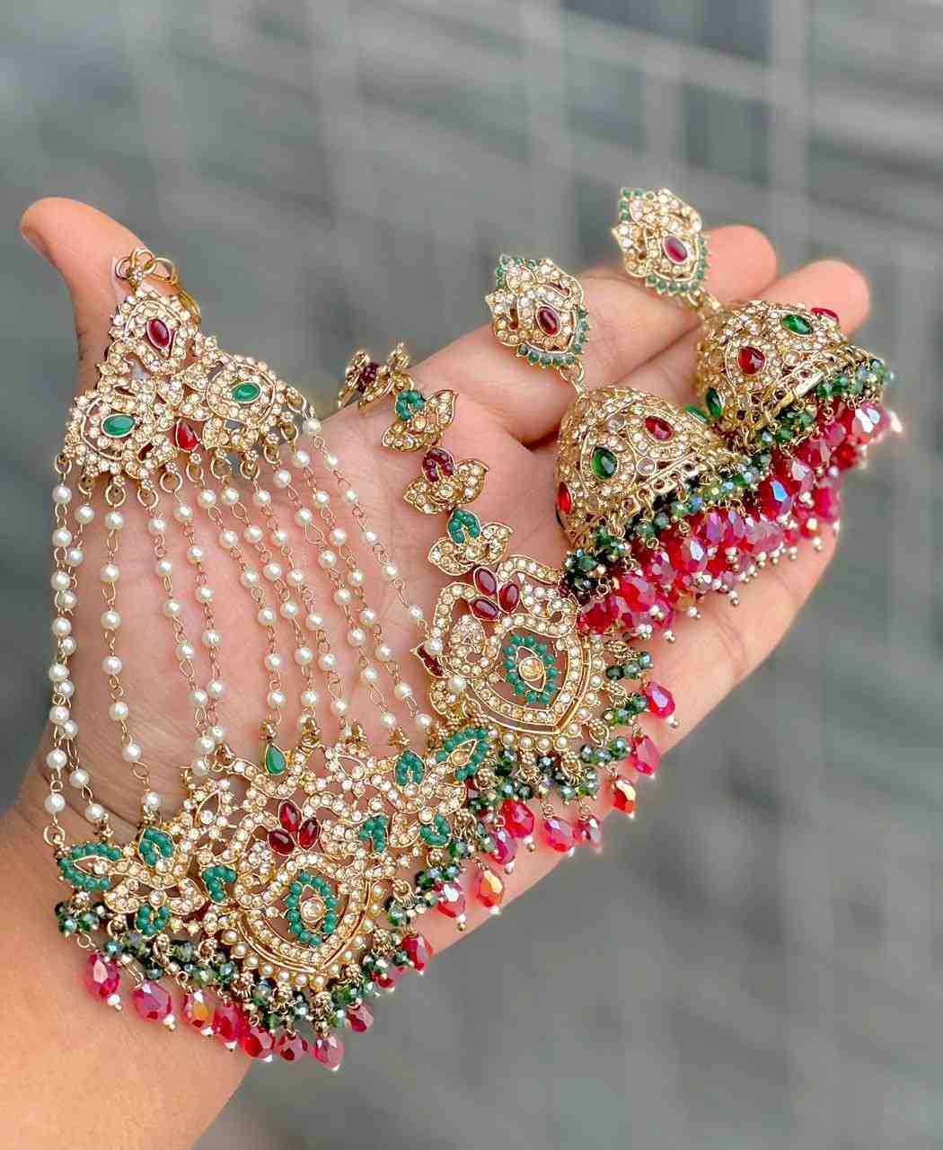 Original Crystal Bead Work Pakistani Jhumka With Tika And Beautiful Big Size Side Passa