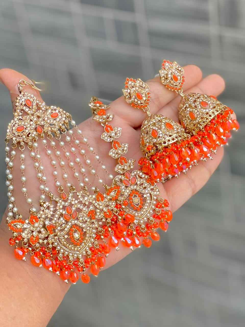 Original Crystal Bead Work Pakistani Jhumka With Tika And Beautiful Big Size Side Passa