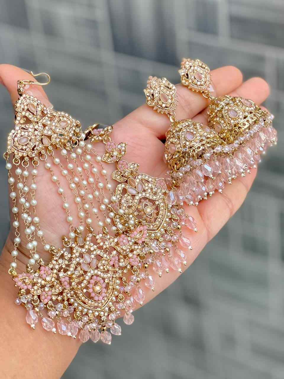 Original Crystal Bead Work Pakistani Jhumka With Tika And Beautiful Big Size Side Passa