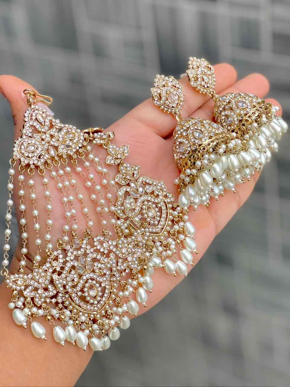 Original Crystal Bead Work Pakistani Jhumka With Tika And Beautiful Big Size Side Passa