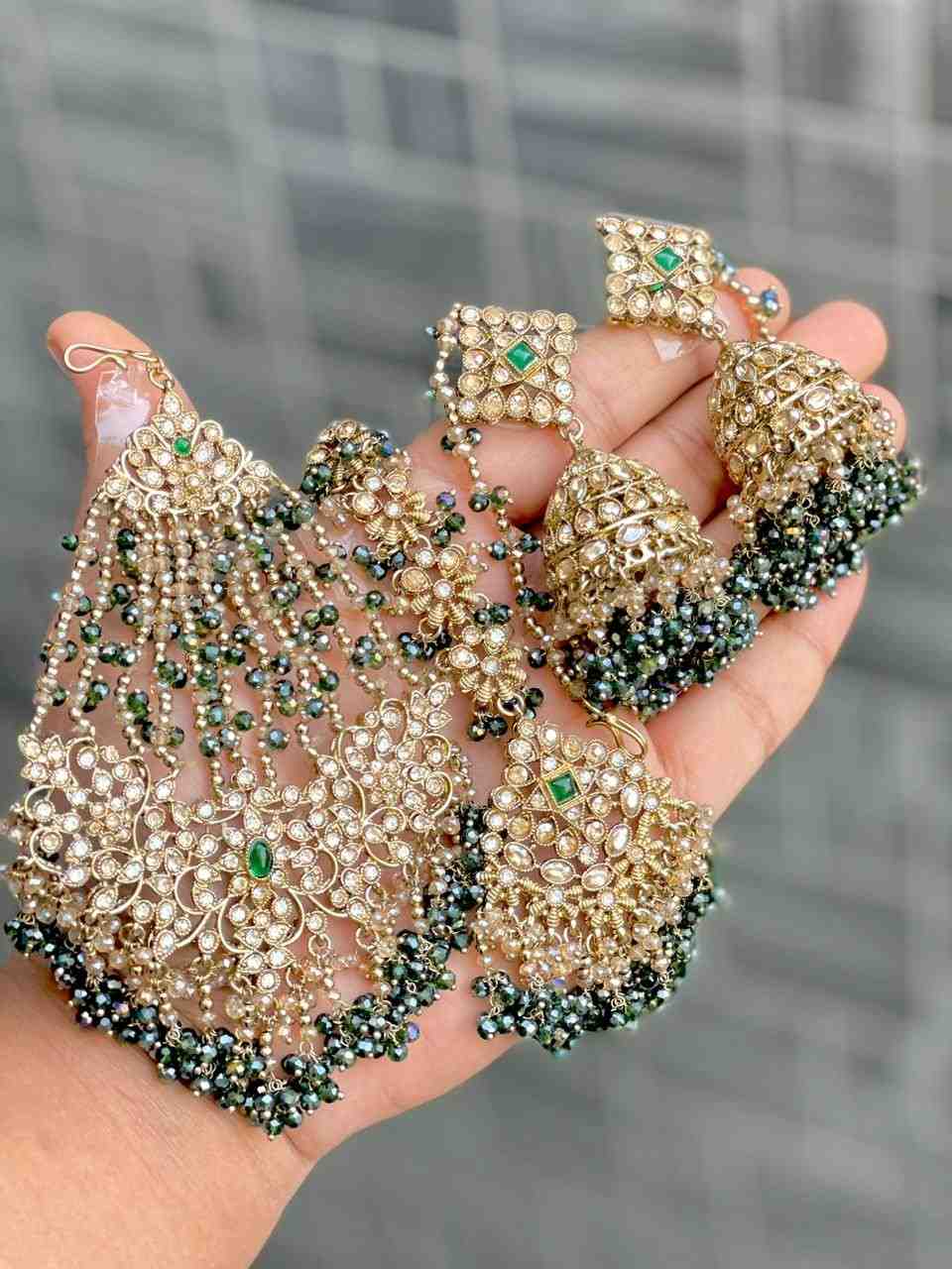 Original Crystal Bead Work Pakistani Chain Jhumka With Tika And Beautiful Big Size Side Passa