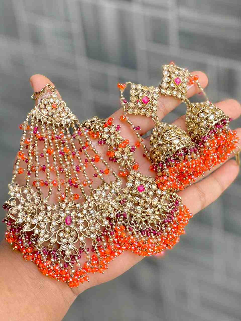 Original Crystal Bead Work Pakistani Chain Jhumka With Tika And Beautiful Big Size Side Passa
