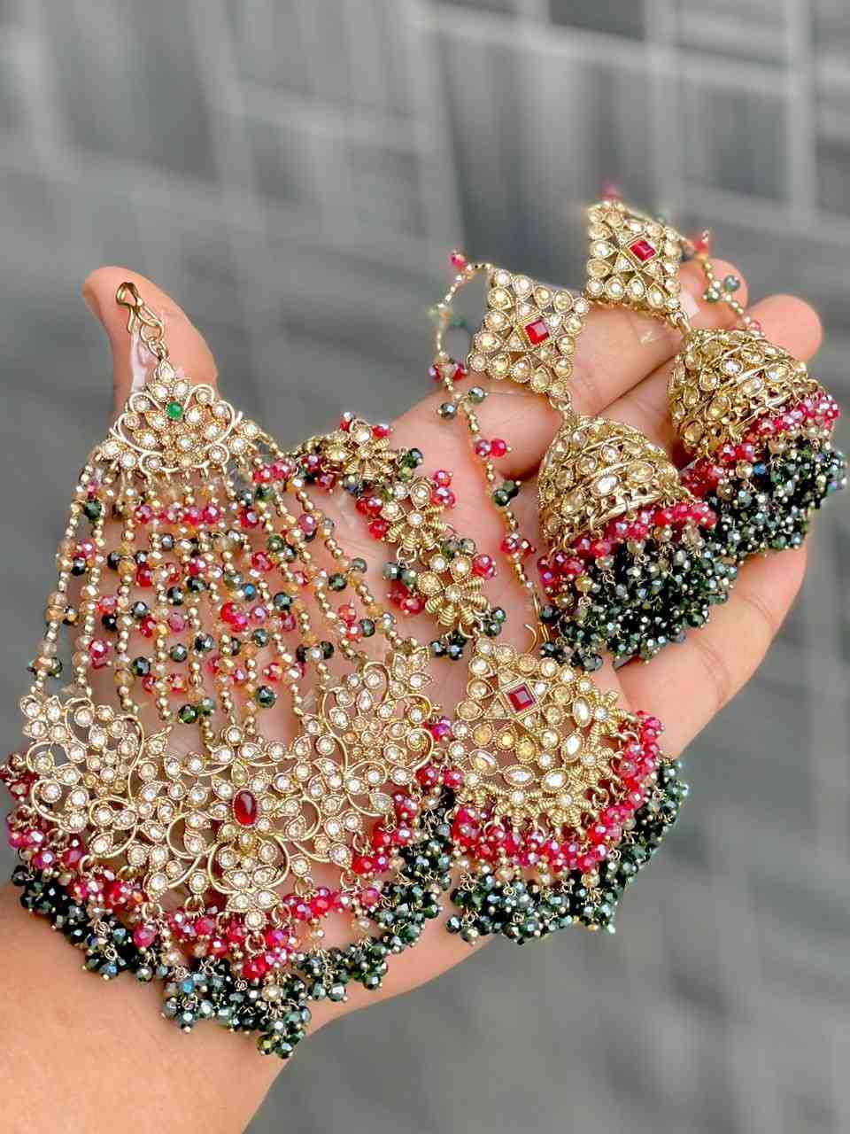 Original Crystal Bead Work Pakistani Chain Jhumka With Tika And Beautiful Big Size Side Passa